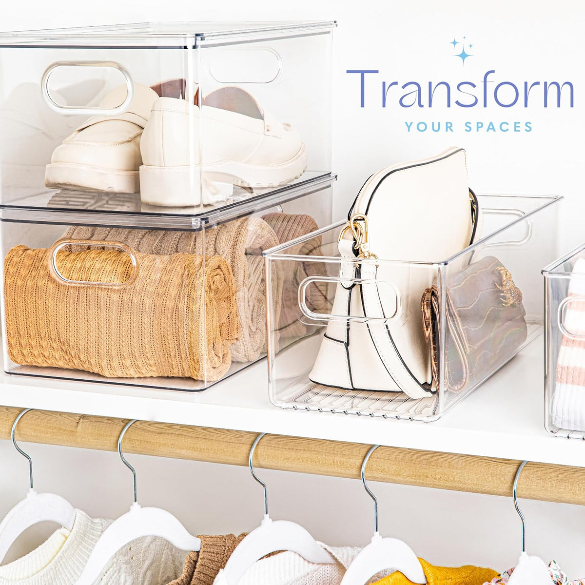 Plastic Food Storage 4 Pack Clear Container Bin with Handles for Organizing Kitchen, Pantry