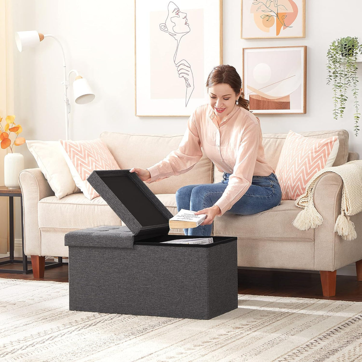 SONGMICS MAZIE Collection - 30 Inches Storage Ottoman, Foldable Storage Bench with Flipping Lid
