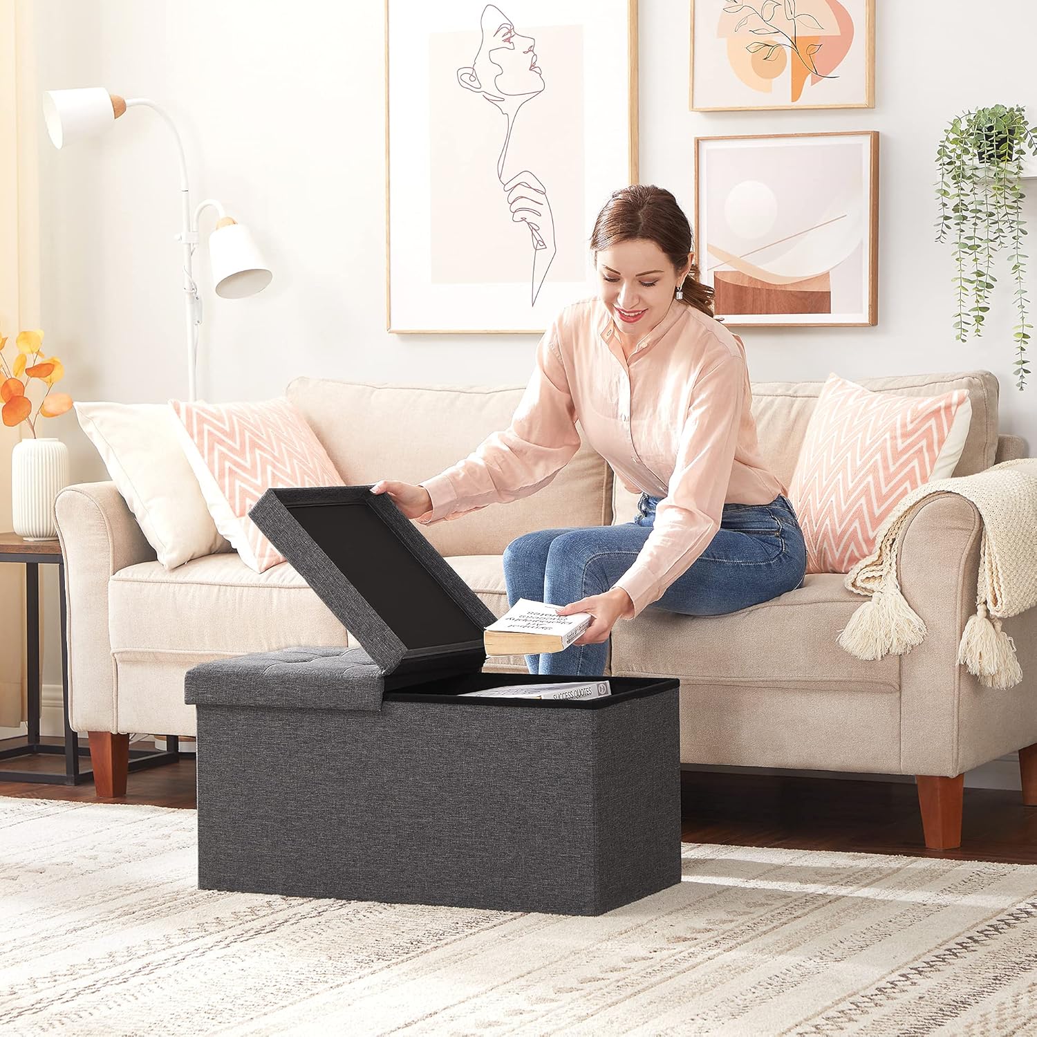 SONGMICS MAZIE Collection - 30 Inches Storage Ottoman, Foldable Storage Bench with Flipping Lid
