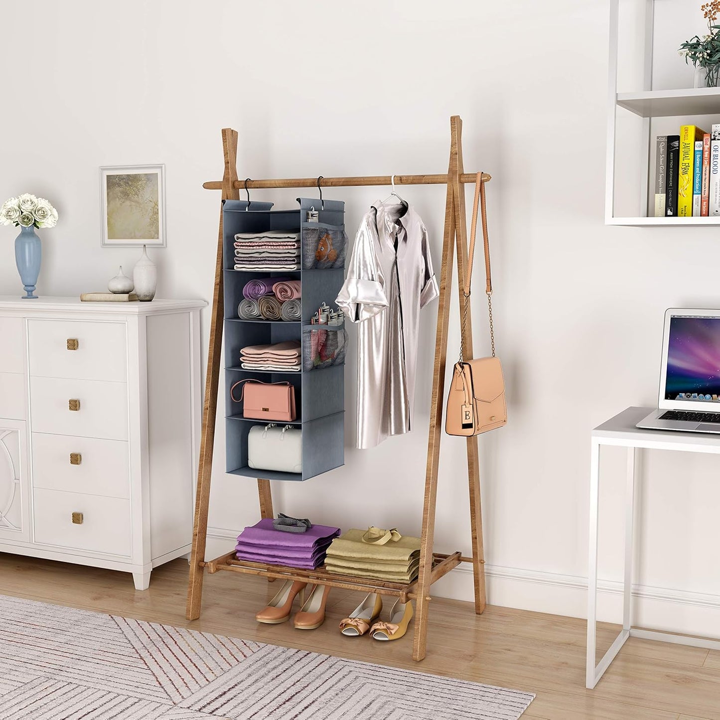 MAX Houser 5 Shelf Hanging Closet Organizer, Space Saver, Cloth Hanging Shelves with 4 Side