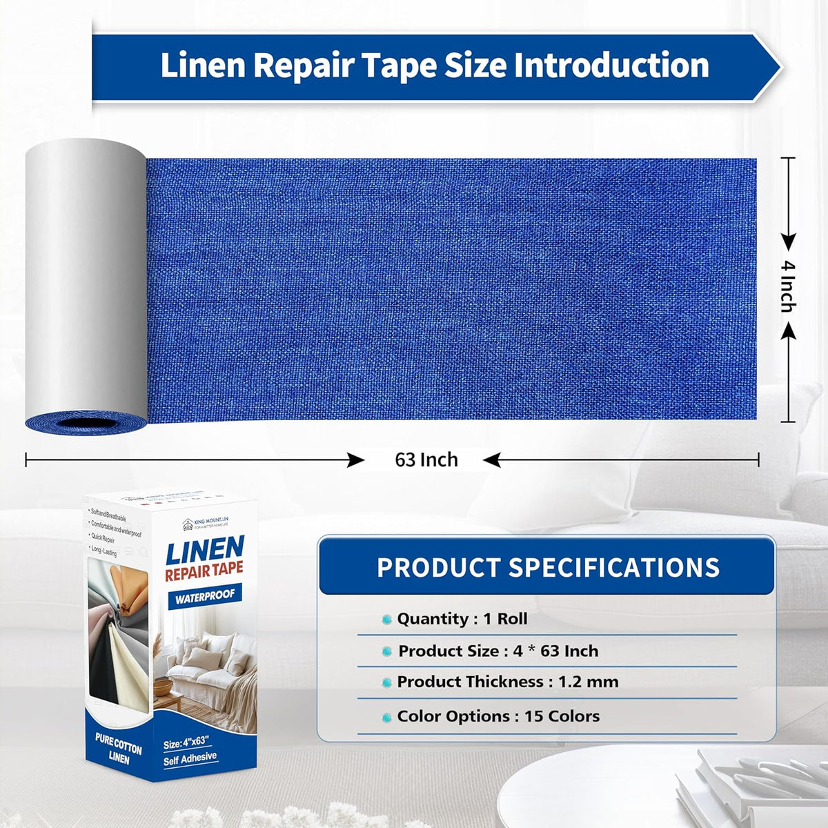 KING MOUNTAIN Linen Repair Patches, Self-Adhesive Fabric Patches, 4 X 63 inch Extra Size, Multi