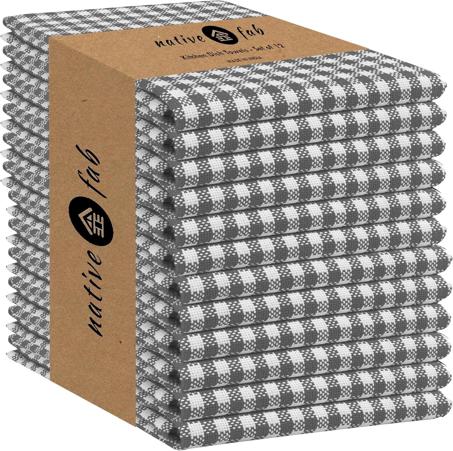 Native Fab 12 Pack Gingham Mini Check Kitchen Dish Towel Cotton Durable Washable 16"x26" - Tea
