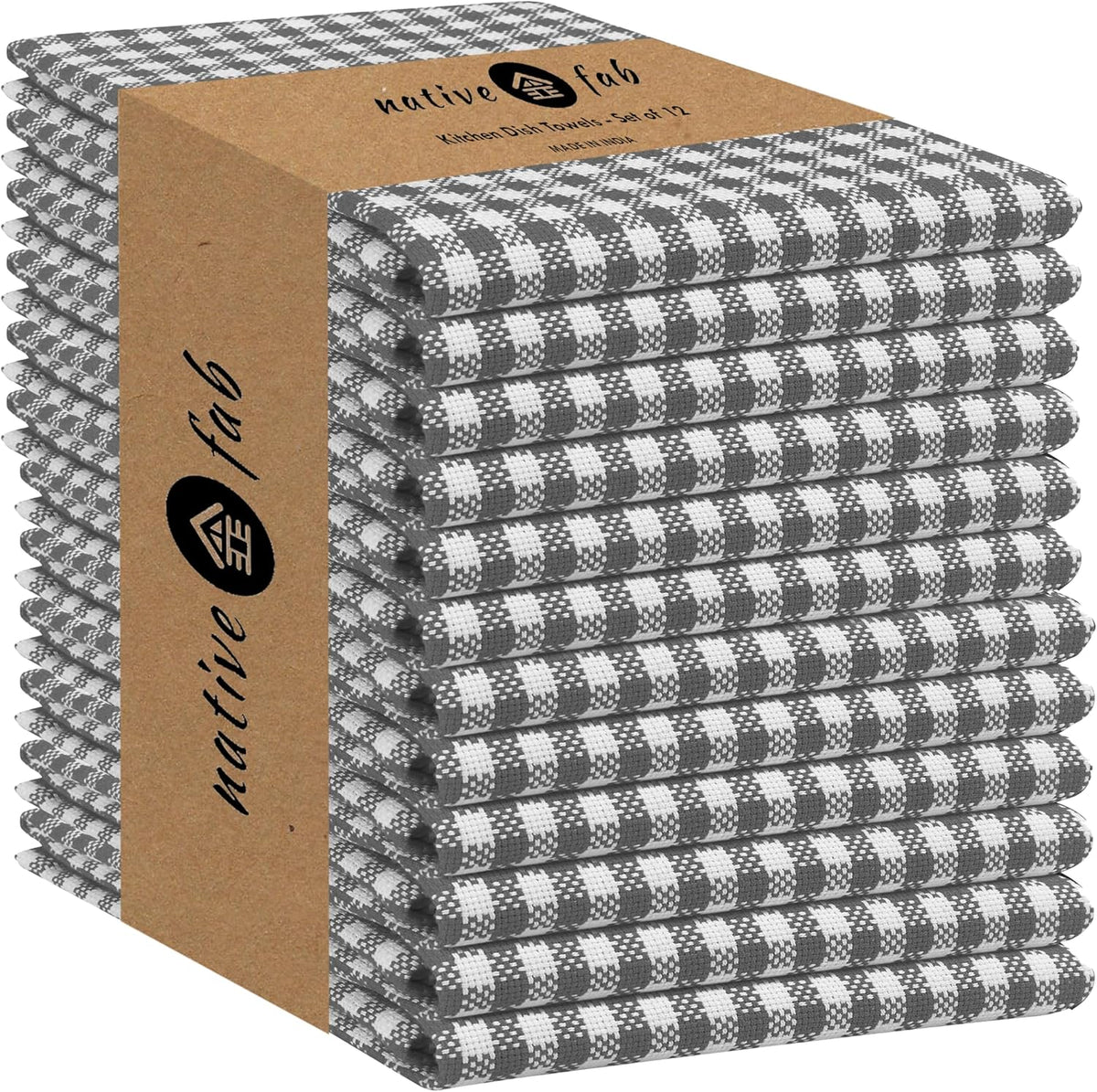 Native Fab 12 Pack Gingham Mini Check Kitchen Dish Towel Cotton Durable Washable 16"x26" - Tea