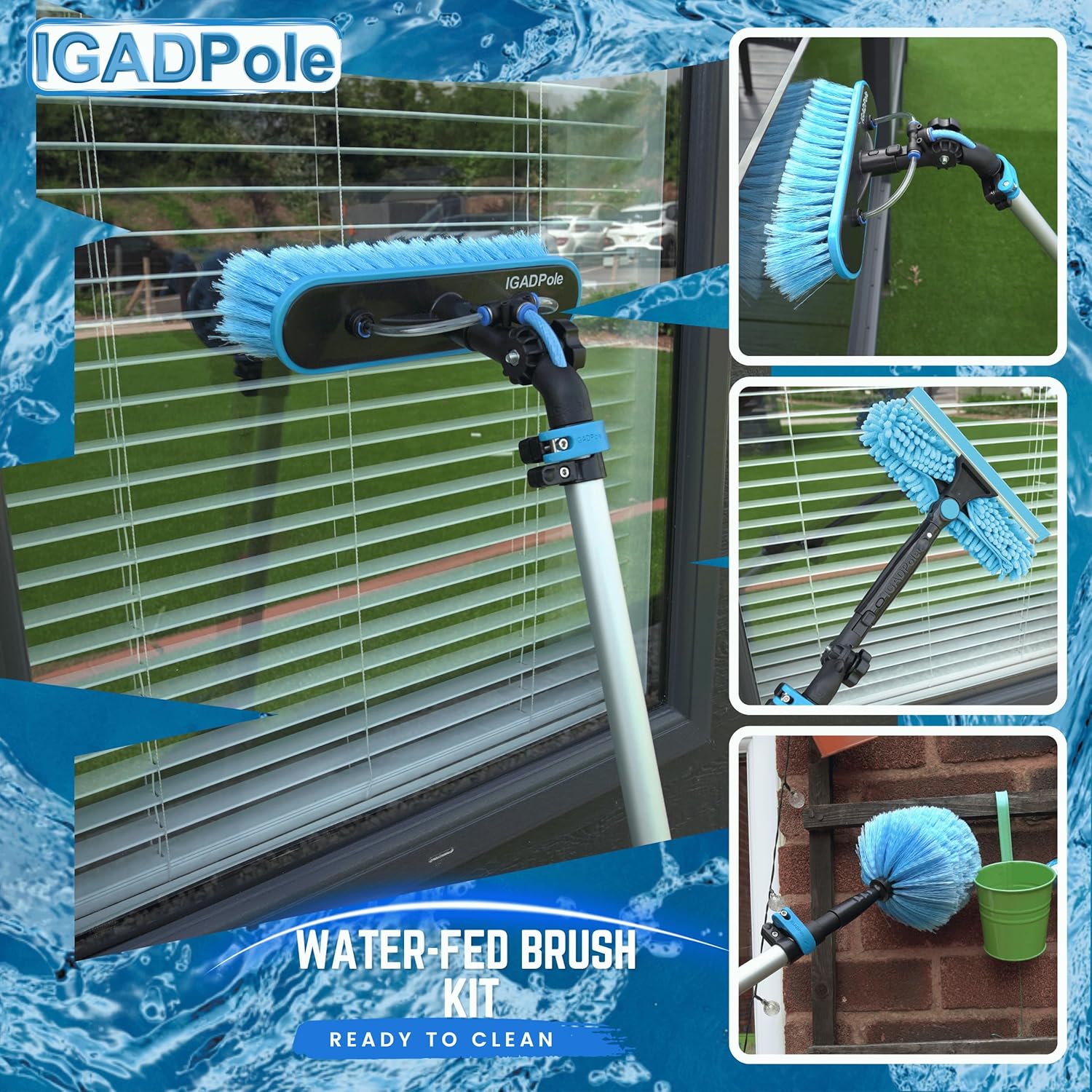 24ft IGADPole Washing Kit: Water-fed Brush, Cobweb Duster and 10” Squeegee and Soap Dispenser, with
