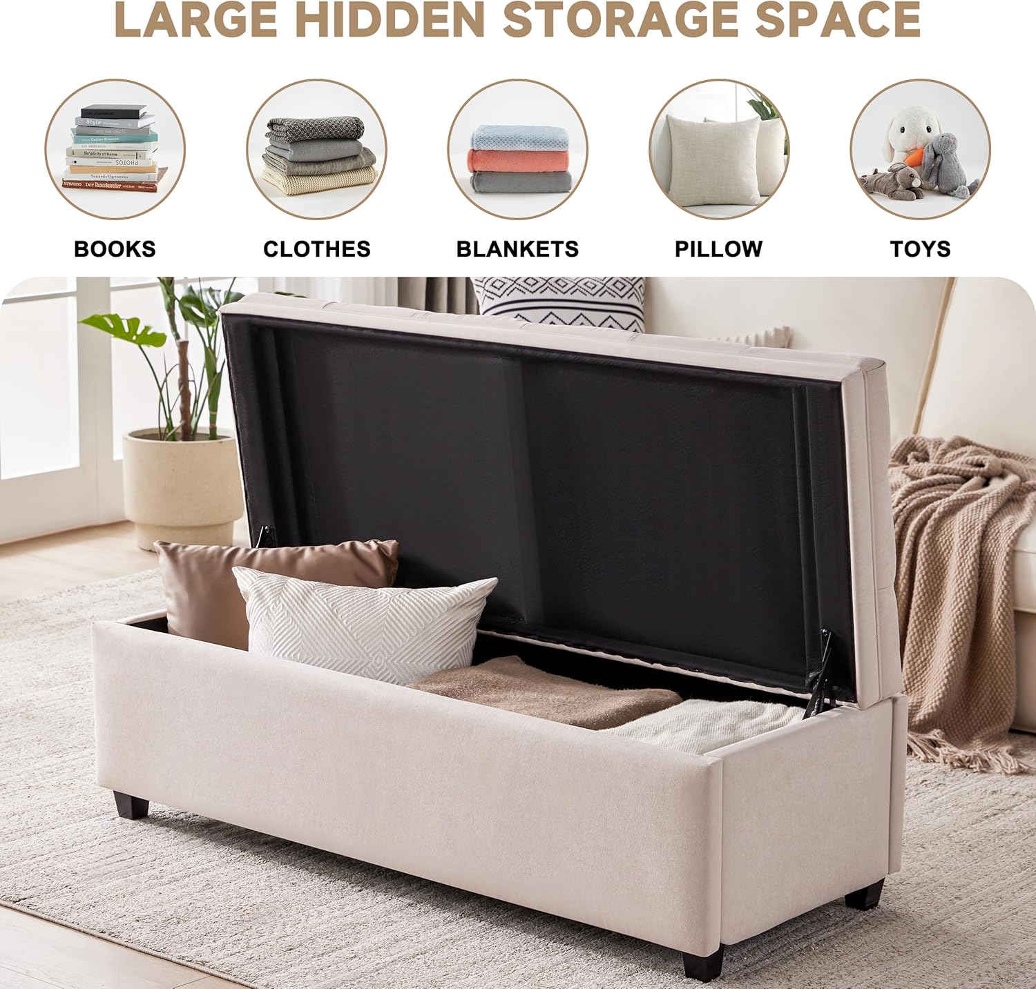 50" Storage Ottoman Bench, Tufted Ottoman with Storage for Living Room, Large End of Bed Ottomans
