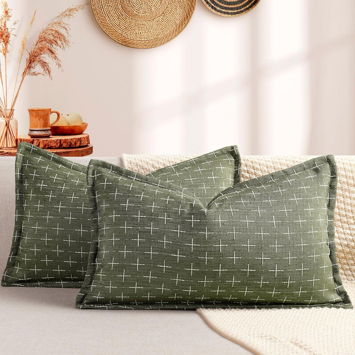 ZWJD 12x20 Pillow Covers Set of 2 Soft Polyester Textured Lumbar Pillow Covers with Stylish Flange