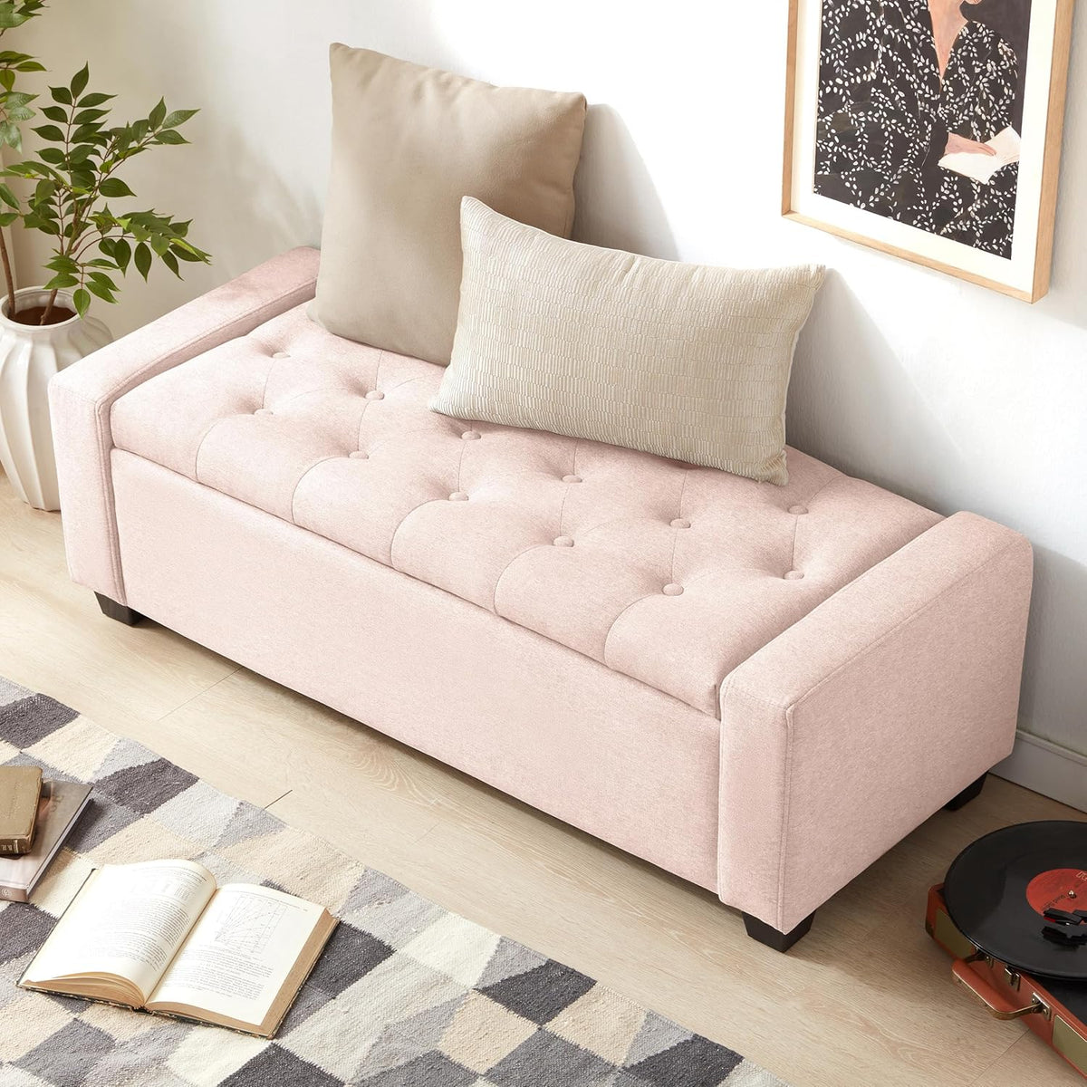 48" Ottoman with Storage, Pink Storage Ottoman Bench with Safety Hinge, Upholstered Entryway Bench