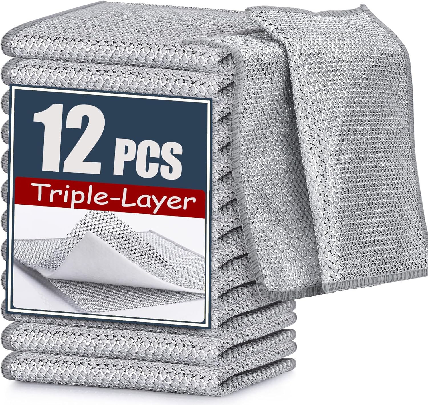 Navona 12 Pcs New Upgrade Steel Wire Dishcloth,Triple-Layer Steel Wire Cleaning Cloth,Powerful