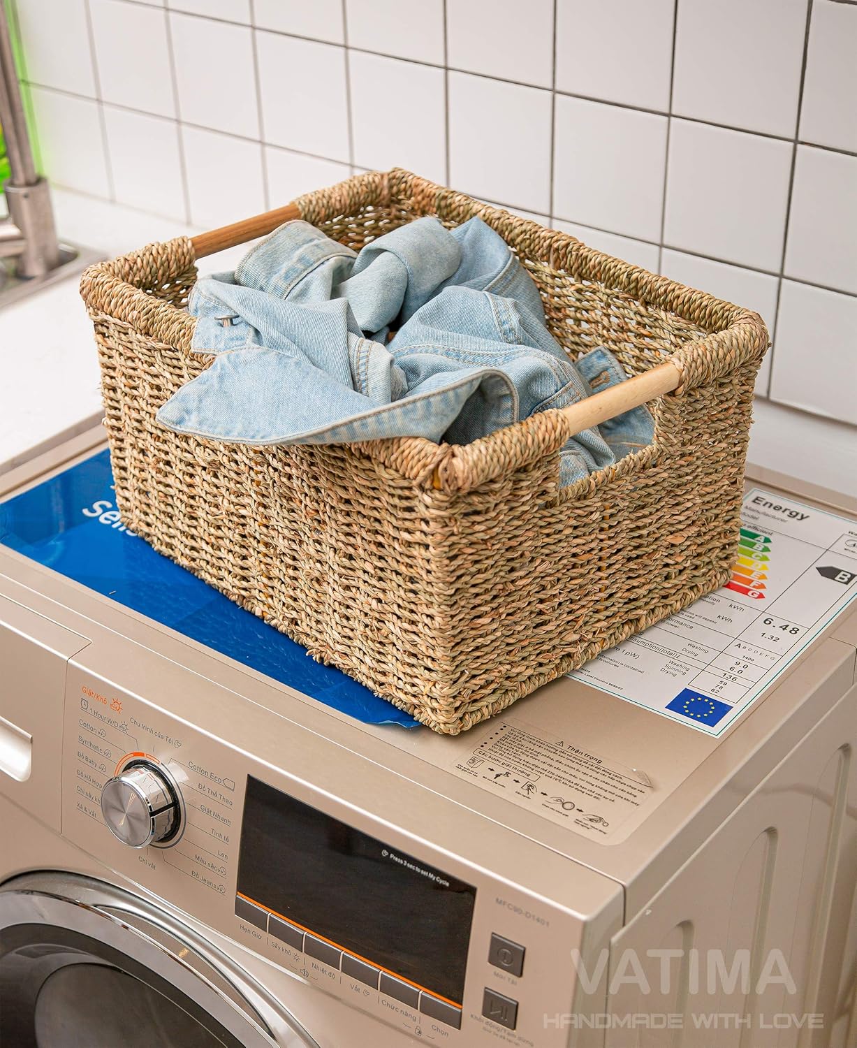 Large Wicker Storage Basket with Wooden Handles, Seagrass Basket for Shelves, Natural Wicker Bin