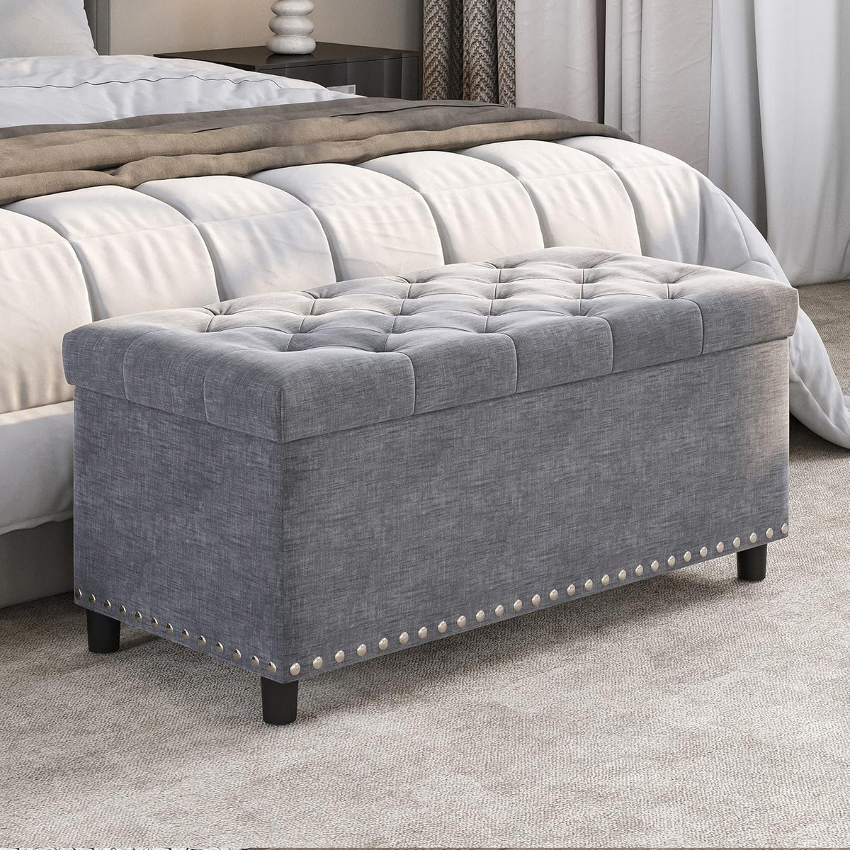 BELLEZE 35" Tufted Ottoman, Storage Bench with Safety Close Hinge, Ottoman with Storage for Living