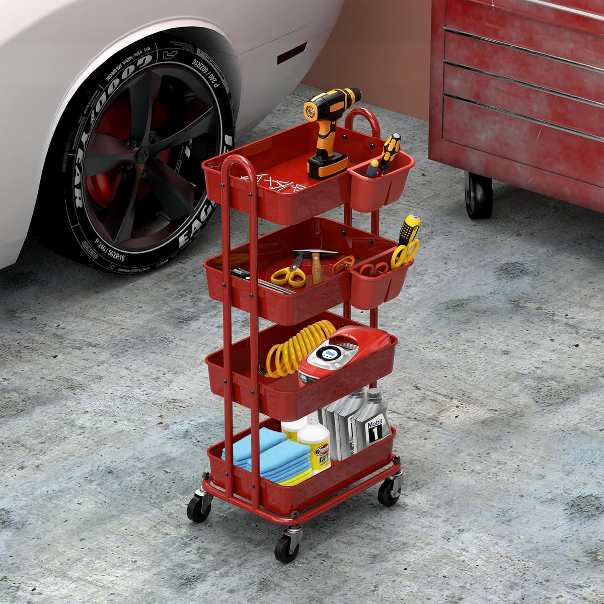 Simple Houseware 4-Tier Multifunctional Rolling Utility Cart with Hanging Buckets, Red