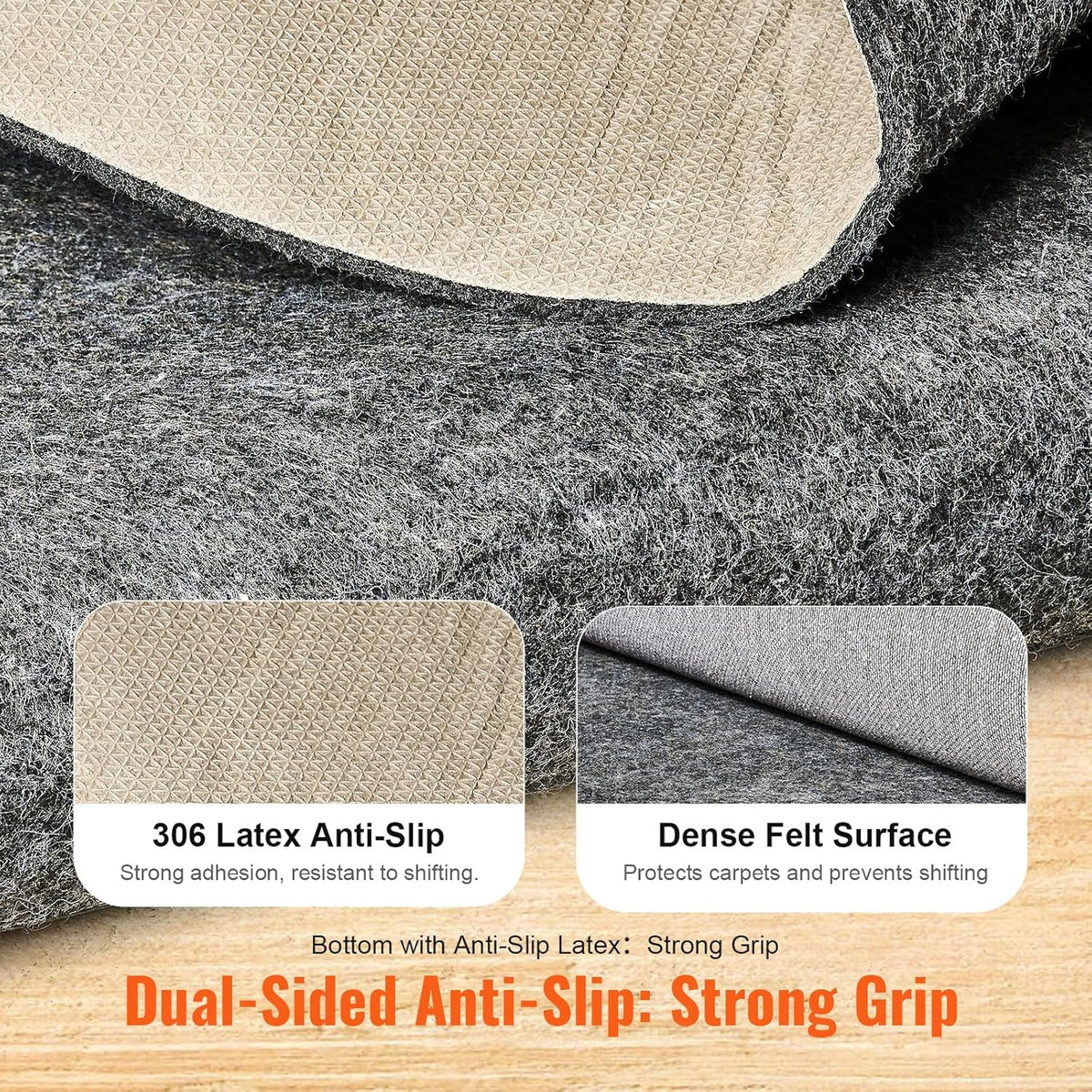 VEVOR - Slip-Resistant Rug Pad - Protective Cushioning Carpet Pad - 5' x 8' - 1/4" Thick - Dual