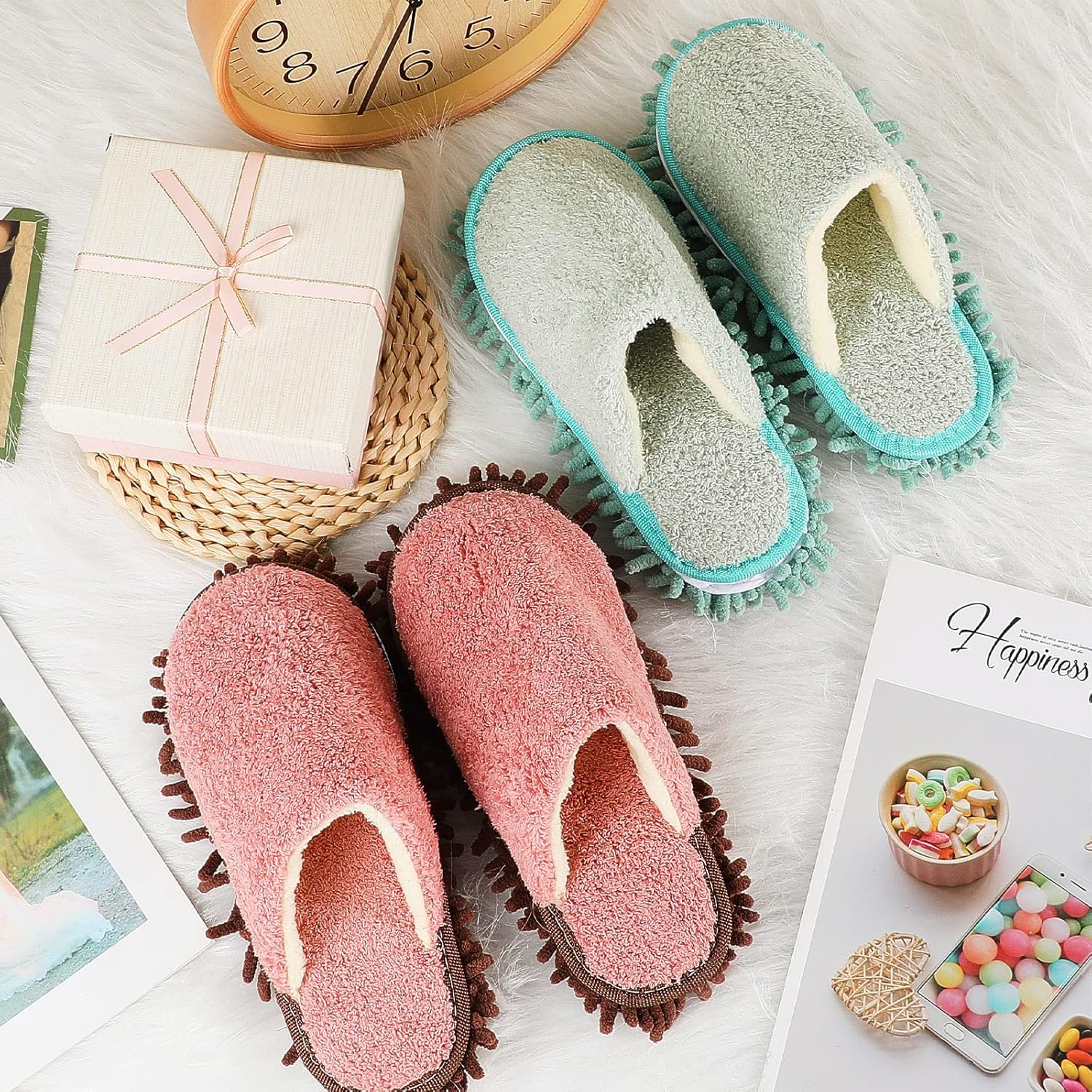 Jecery 2 Pair Microfiber Slippers Floor Cleaning Chenille Mop Slippers Base Board Cleaner Household