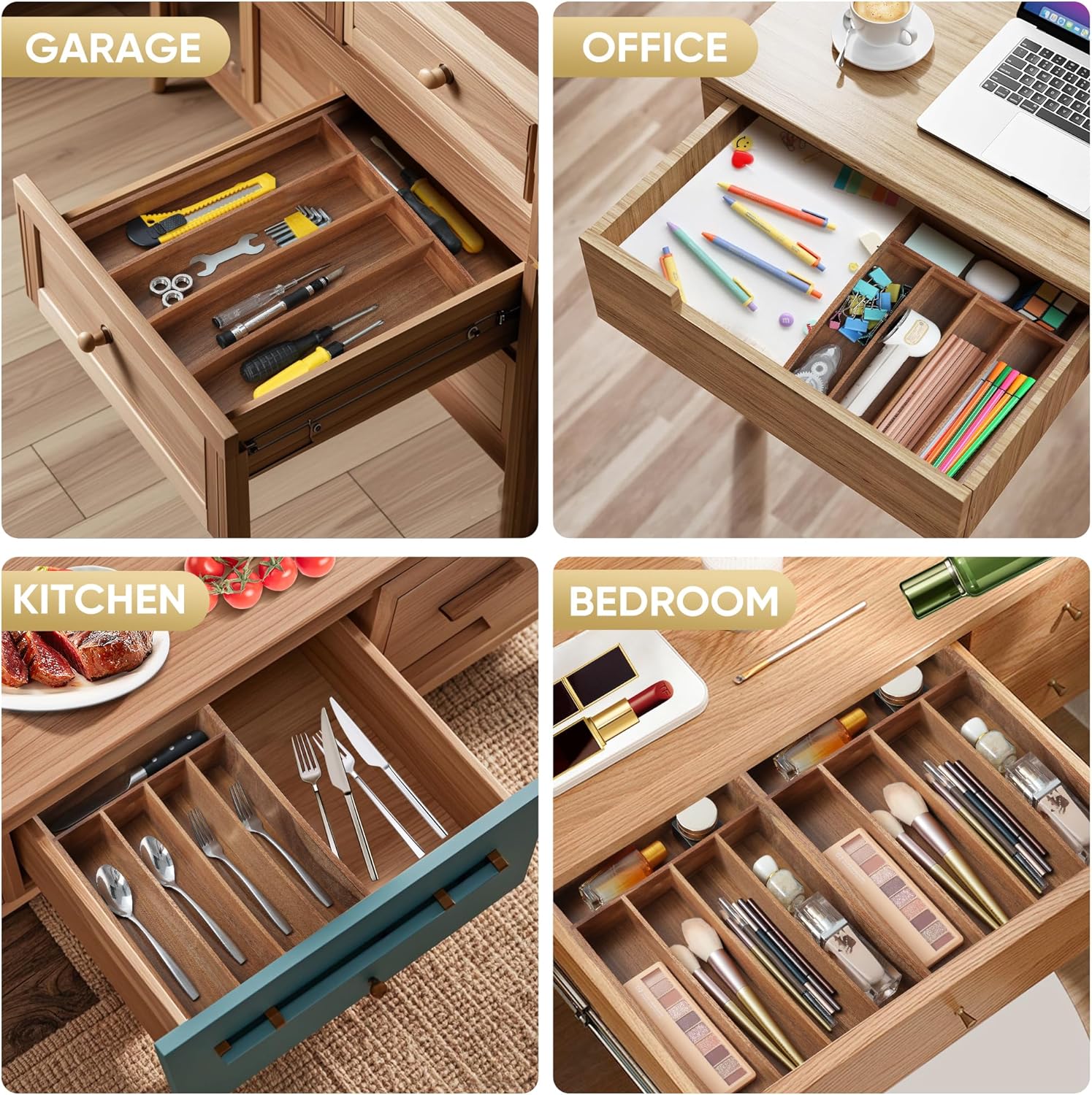 Silverware Organizer, 10 Inch Utensil Organizer Kitchen Drawer Organizer Acacia Silverware Holder