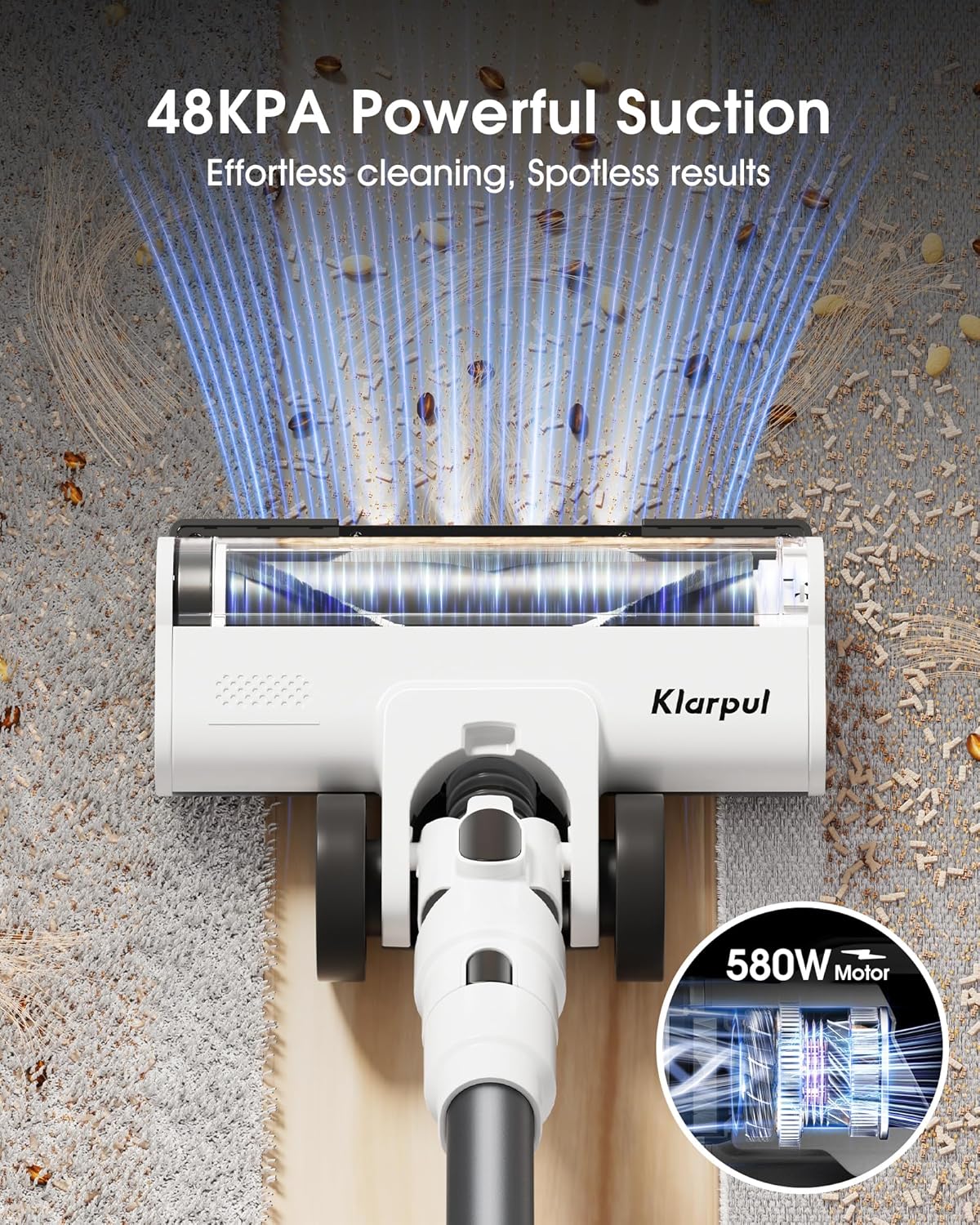 Cordless Vacuum Cleaner, 580W 48KPA 65Mins Runtime Fast Charging Vacuum Cleaner, Self-Standing LED