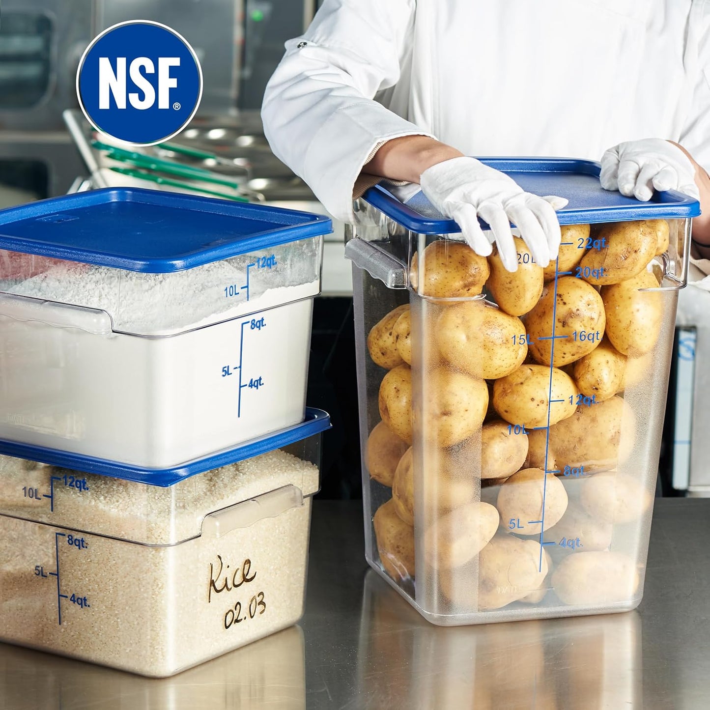CURTA 4-Pack Food Storage Containers with Blue Lids - 12 Qt & 22 Qt Square Clear Polycarbonate