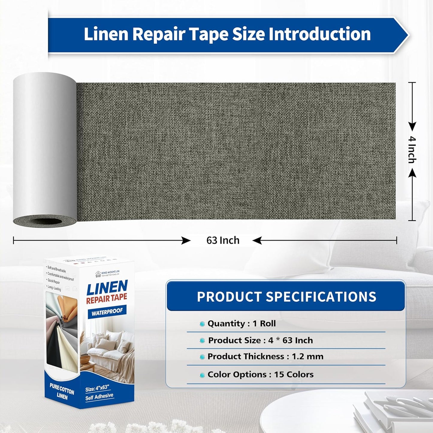 KING MOUNTAIN Linen Repair Patches, Self-Adhesive Fabric Patches, 4 X 63 inch Extra Size, Multi