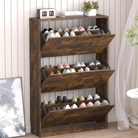 Shoe Cabinet with 3 Flip Drawers, Hidden Wood Shoe Cabinet,Freestanding Shoe Storage Cabinet for