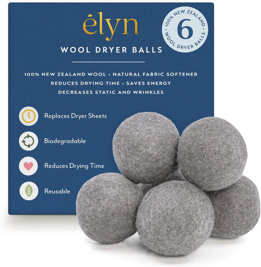 ELYN Wool Dryer Balls 6-Pack - XL, 100% New Zealand Wool, Reusable and Handmade. Fragrance-Free