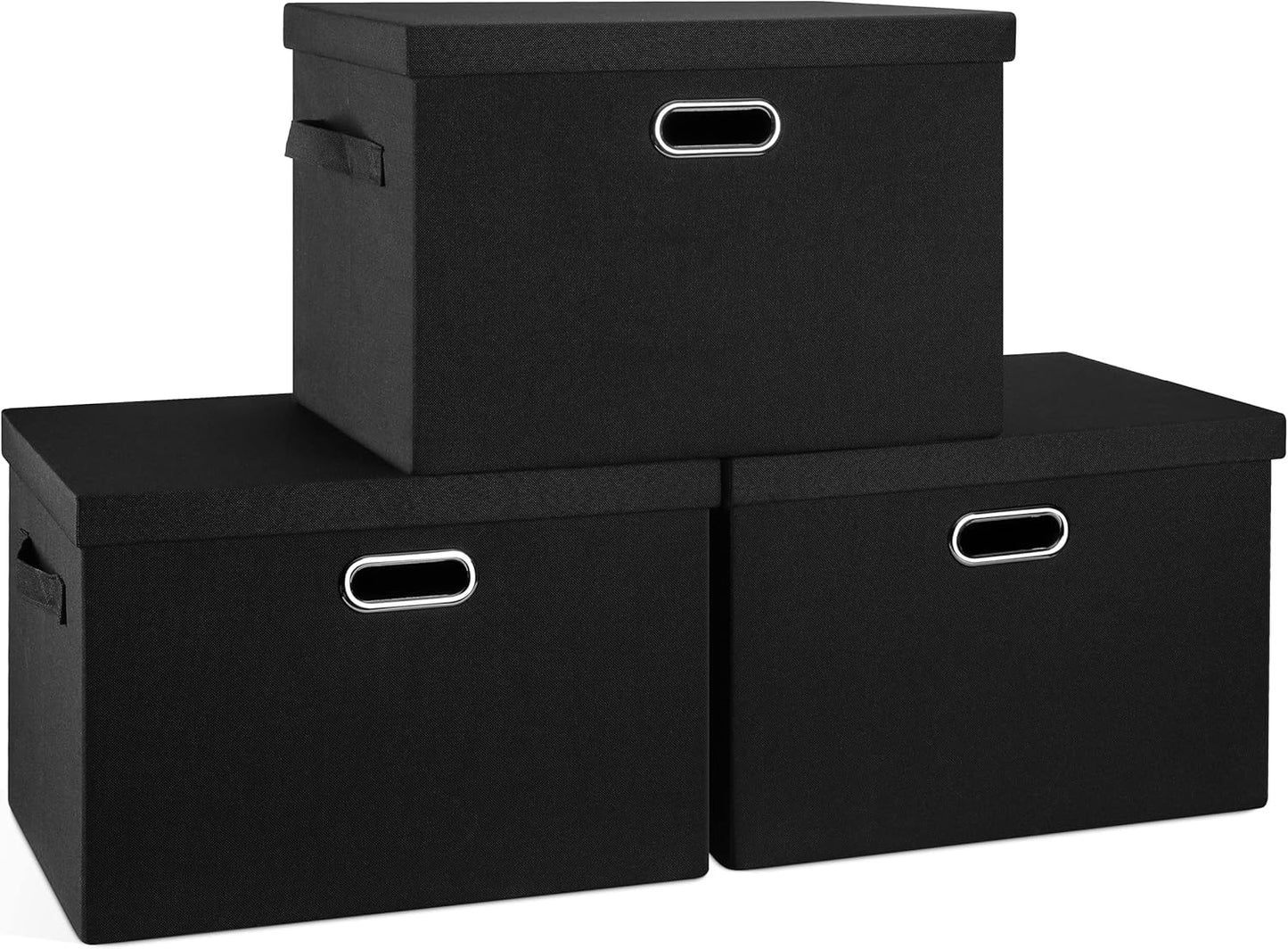 Large 17" 36 Quart Collapsible Stackable Storage Bins with Lids, 3 Packs Black Linen Fabric Closet