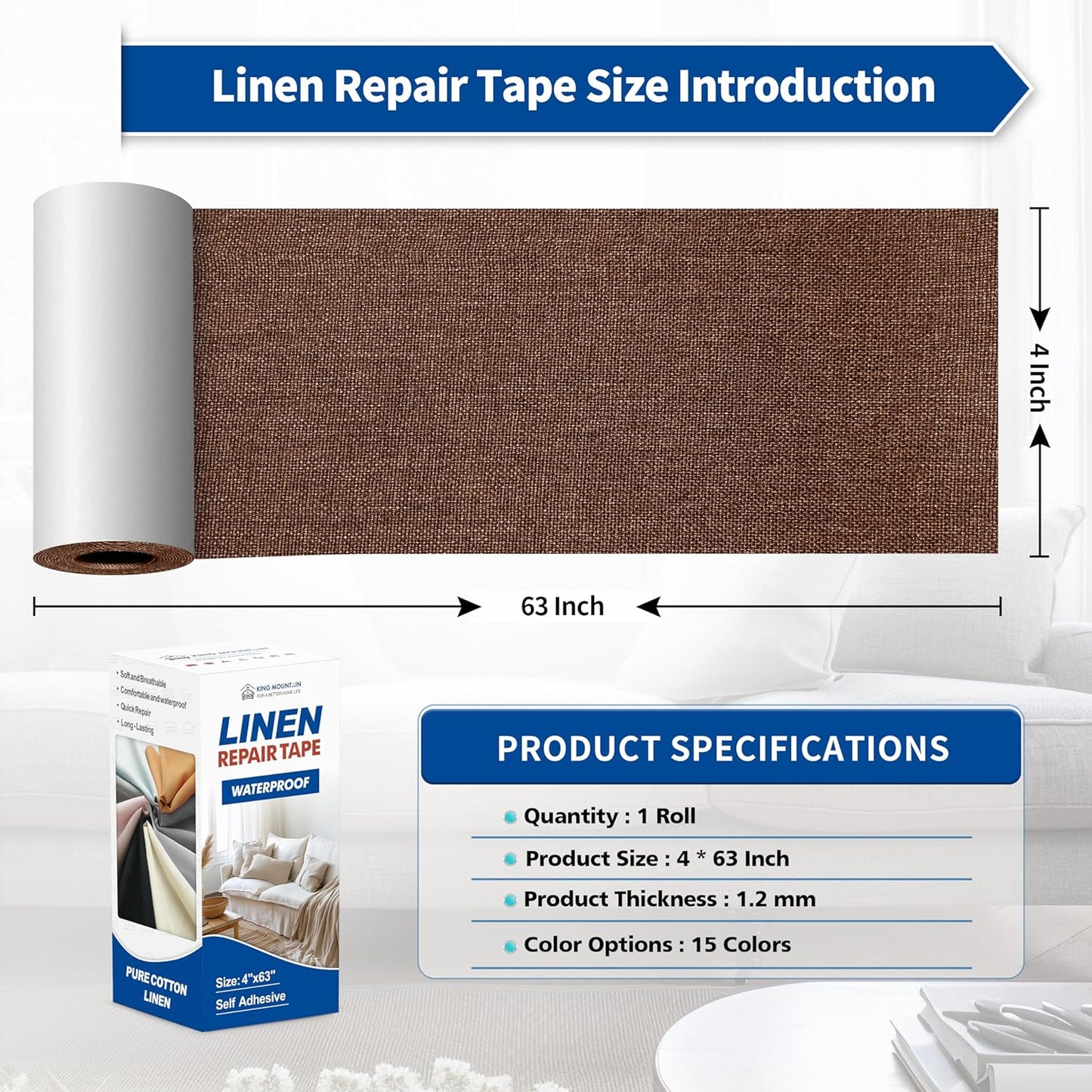 KING MOUNTAIN Linen Repair Patches, Self-Adhesive Linen Fabric Patches, 4 X 63 inch Extra Size