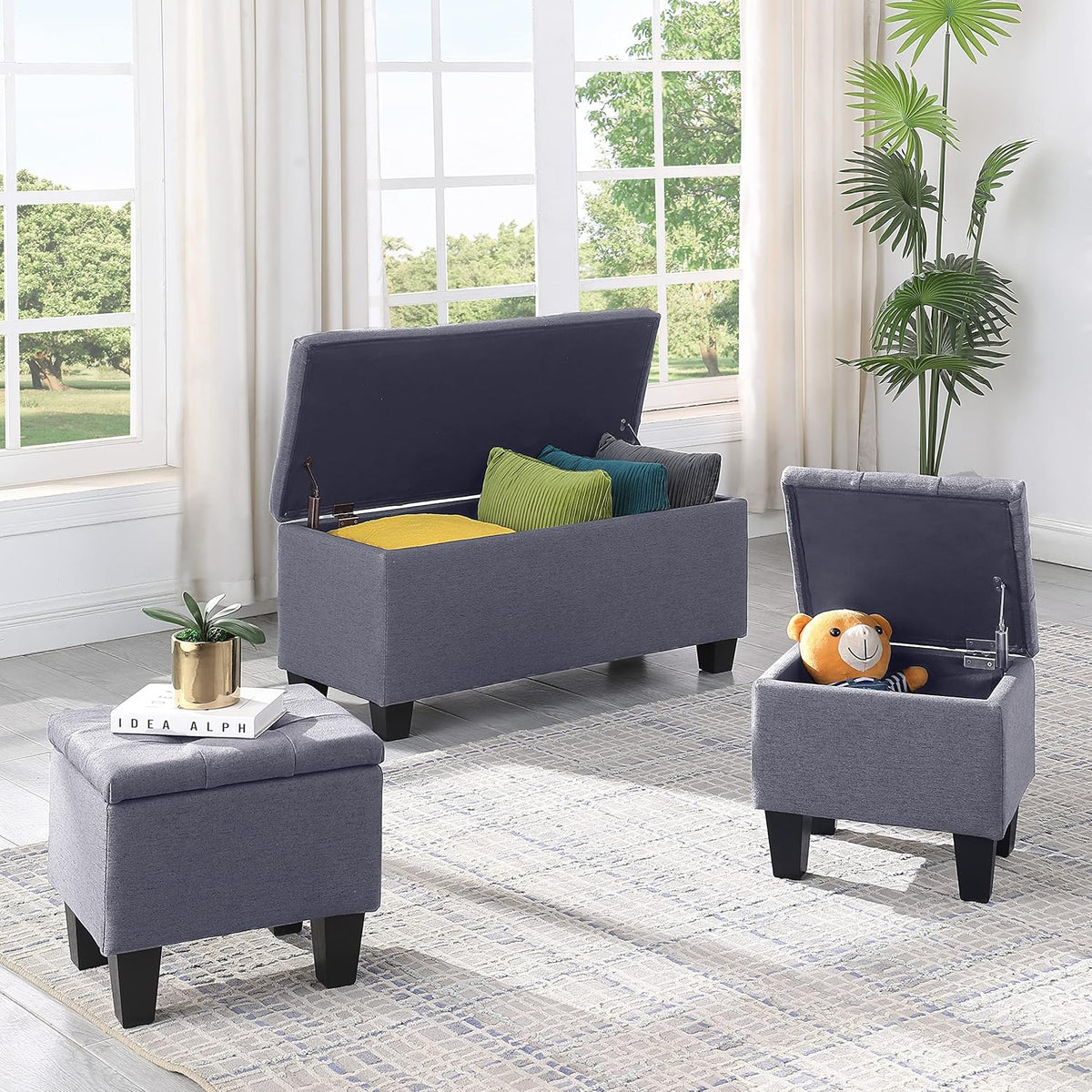 Hinged Storage Ottoman Set of 3, 38'' Living Room Storage Bench with Thick Seating, 2pcs Small