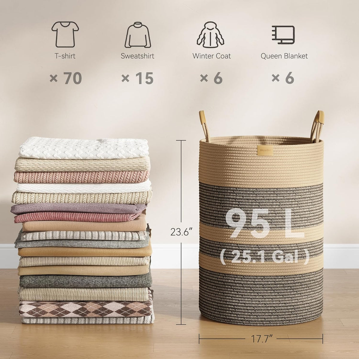 95L Striped Laundry Hamper with Leather Handles,Large Foldable Laundry Basket for Clothes,Cotton