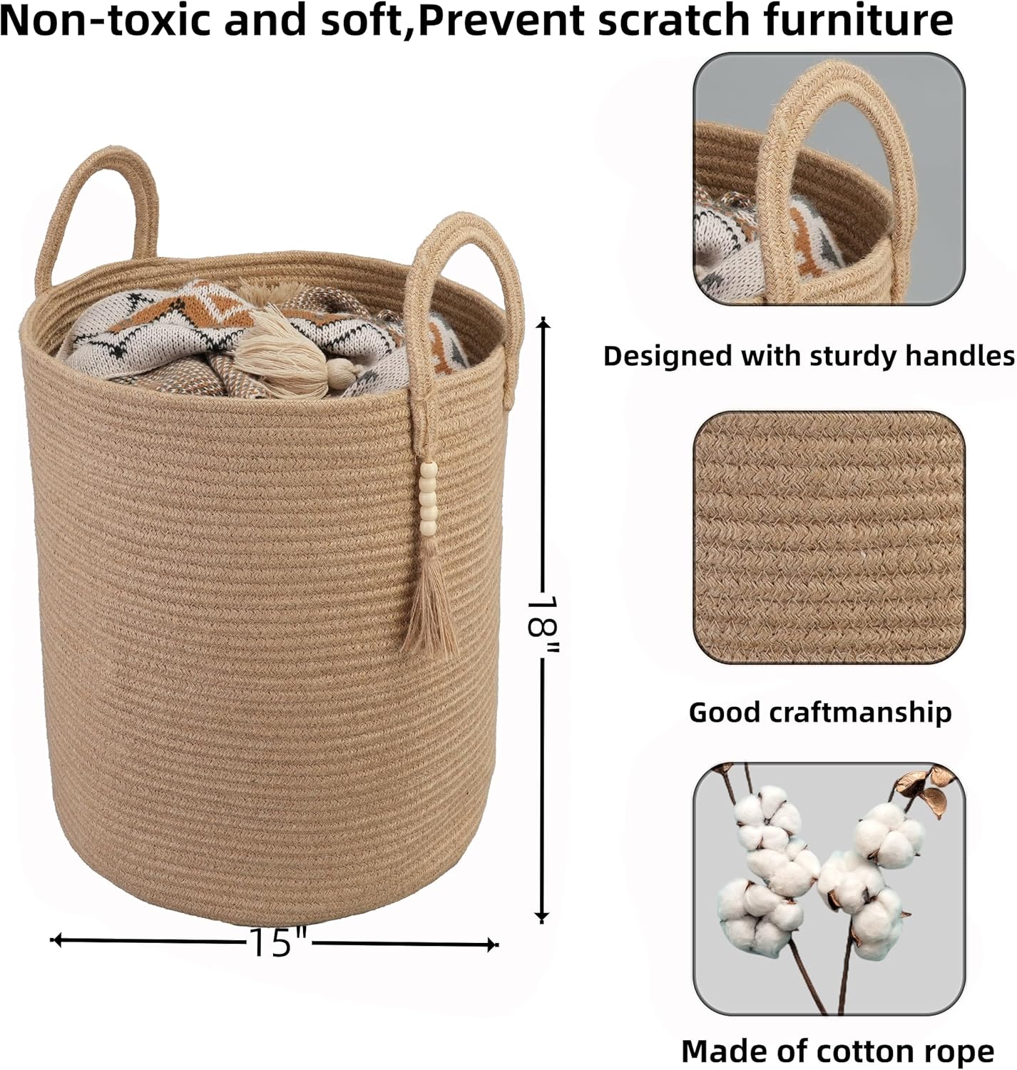 Rope Laundry Basket Laundry Hamper for Clothes Woven Storage Basket for Living Room Bedroom Boho
