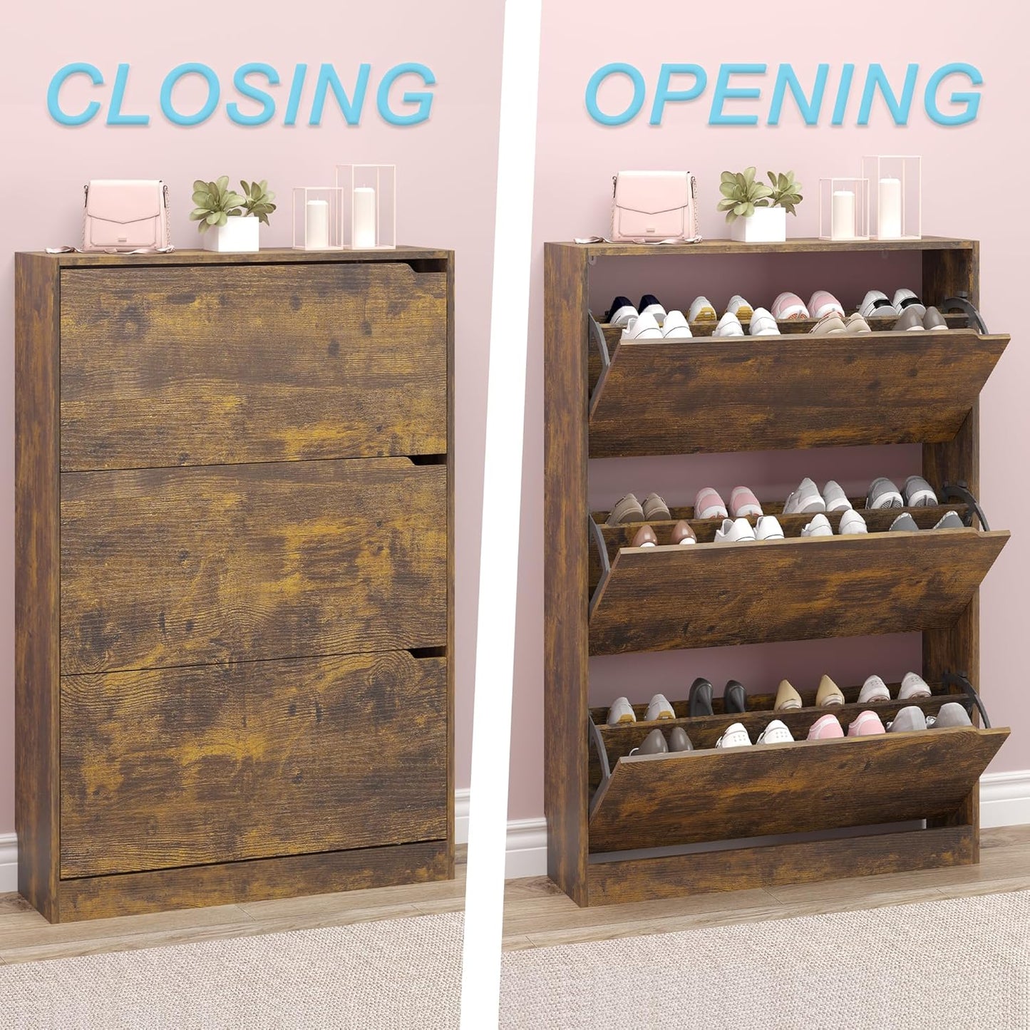 Shoe Cabinet with 3 Flip Drawers, Hidden Wood Shoe Cabinet,Freestanding Shoe Storage Cabinet for