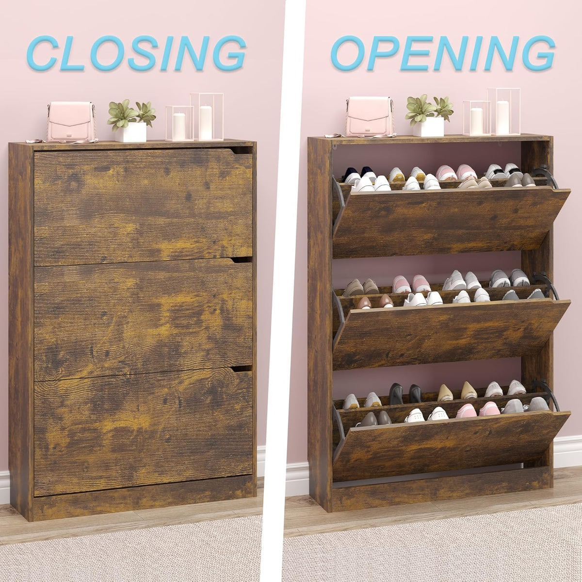 Shoe Cabinet with 3 Flip Drawers, Hidden Wood Shoe Cabinet,Freestanding Shoe Storage Cabinet for