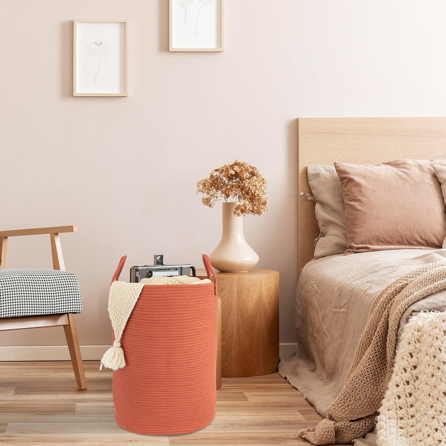 Cotton Rope Laundry Basket Hamper for Clothes Woven Storage Basket for Living Room Bedroom Boho