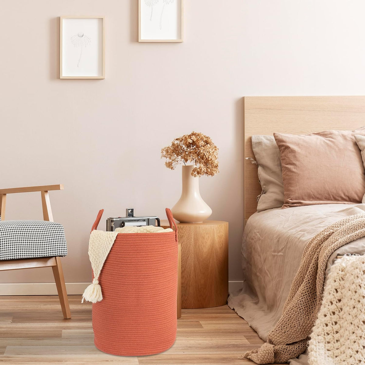 Cotton Rope Laundry Basket Hamper for Clothes Woven Storage Basket for Living Room Bedroom Boho
