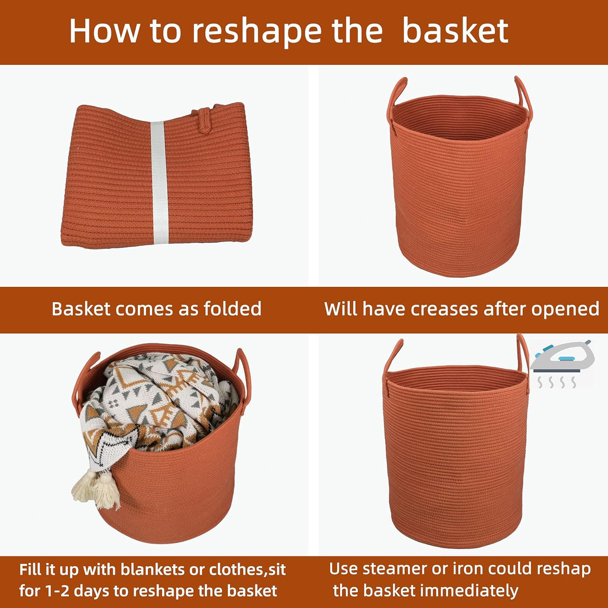 Cotton Rope Laundry Basket Hamper for Clothes Woven Storage Basket for Living Room Bedroom Boho