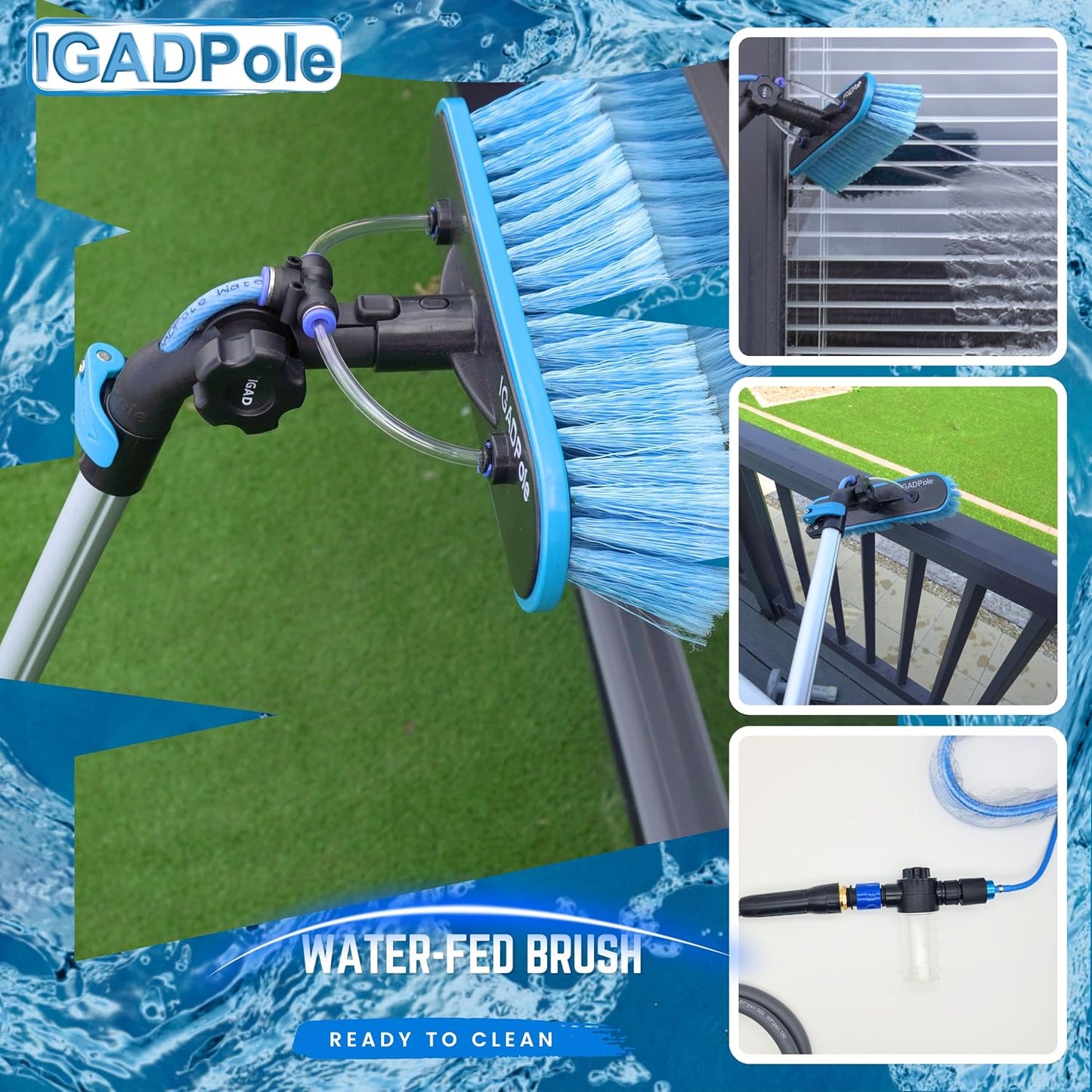 23ft IGADPole Washing Kit: Water-fed Brush, Cobweb Duster and 10” Squeegee and Soap Dispenser, with
