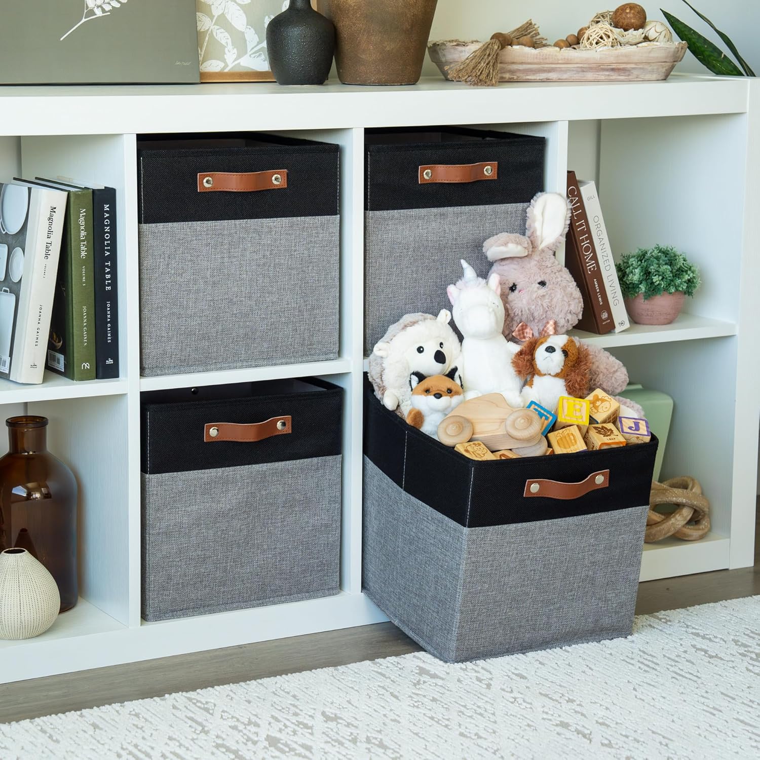 OrganiHaus 12x12 Fabric Storage Bins - Set of 4, Cube Fabric Organizer Bins with Vegan Handles