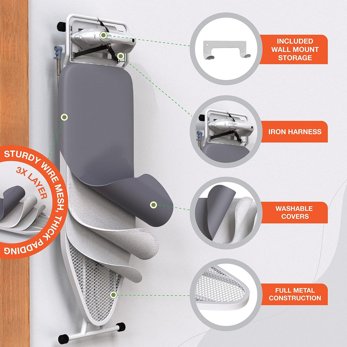 Xabitat Full Size Ironing Board 57" X 15" with Wall Mount Hanger, Full Metal Construction Iron