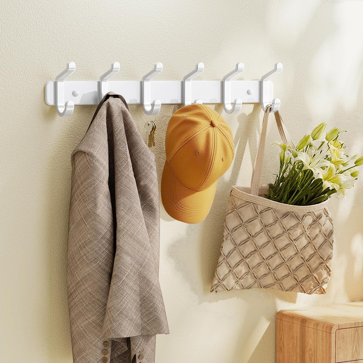 Coat Rack Wall Mounted Heavy-Duty: Metal Coat Hanger 6 Hooks for Hanging Hat, Clothes, Robe, Keys