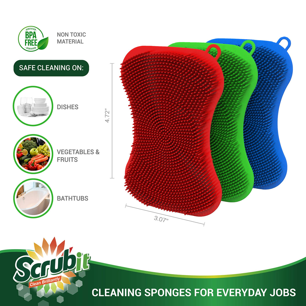 6 Pack Silicone Scrubbing Sponge by SCRUBIT, Multi-Colored Pads [Red – view 3