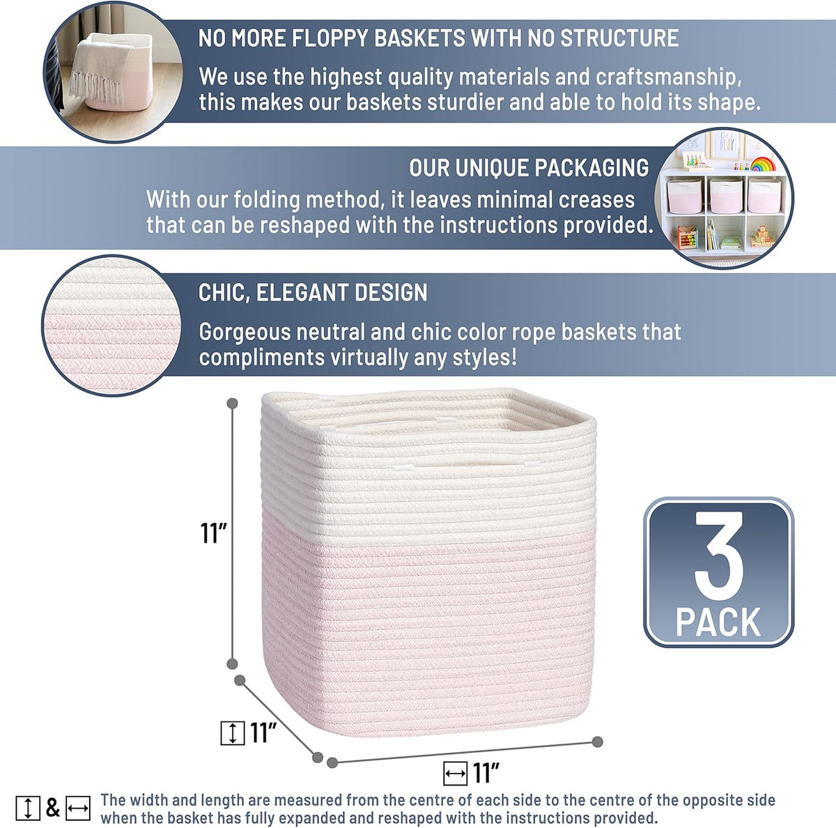 NaturalCozy Storage Cubes 11 Inch Cotton Rope Woven Baskets for Organizing, 3-Pack | Cube Storage