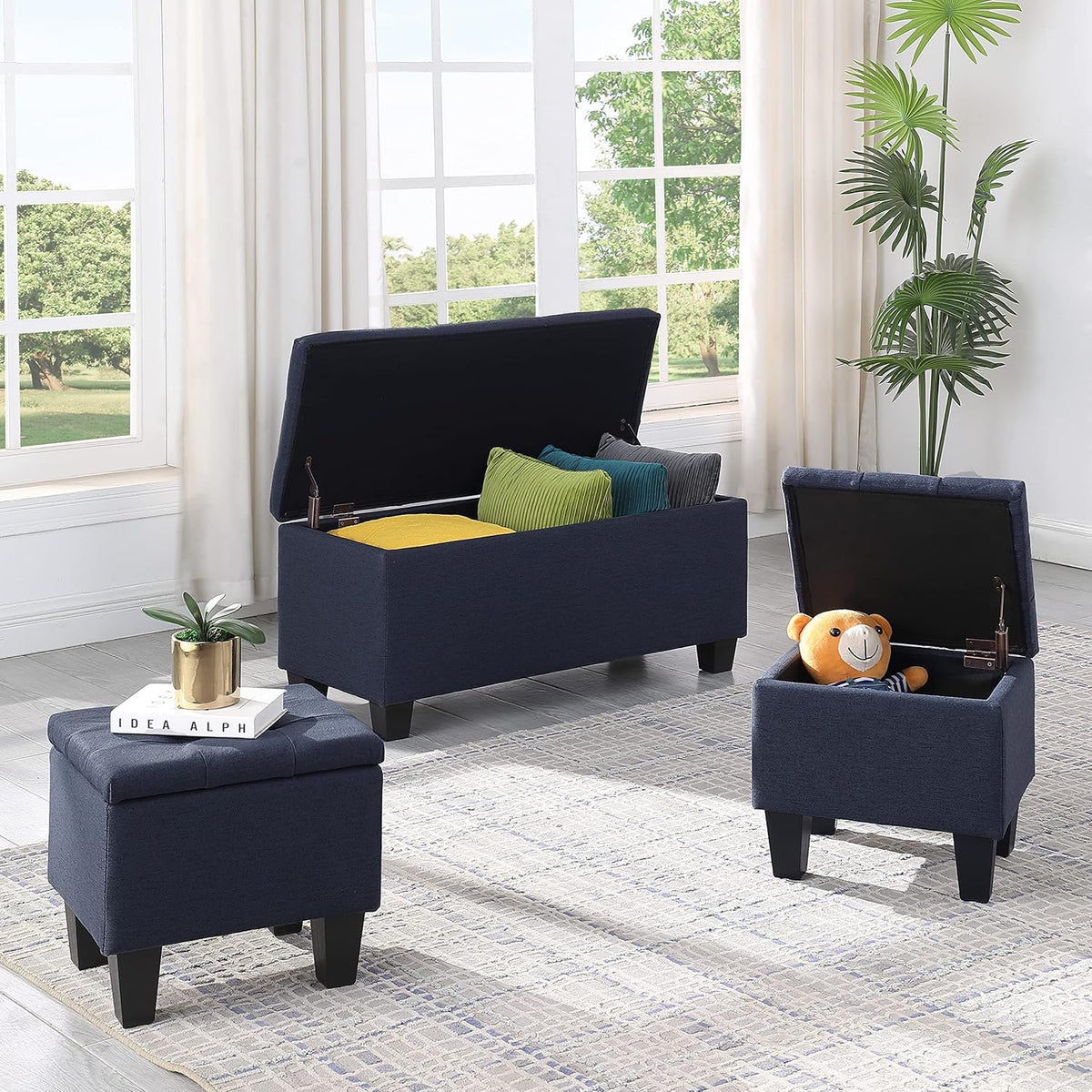 Set of 3 Hinged Storage Ottoman, 38'' Ottoman Bench with Storage and Thick Seating, End of Bed