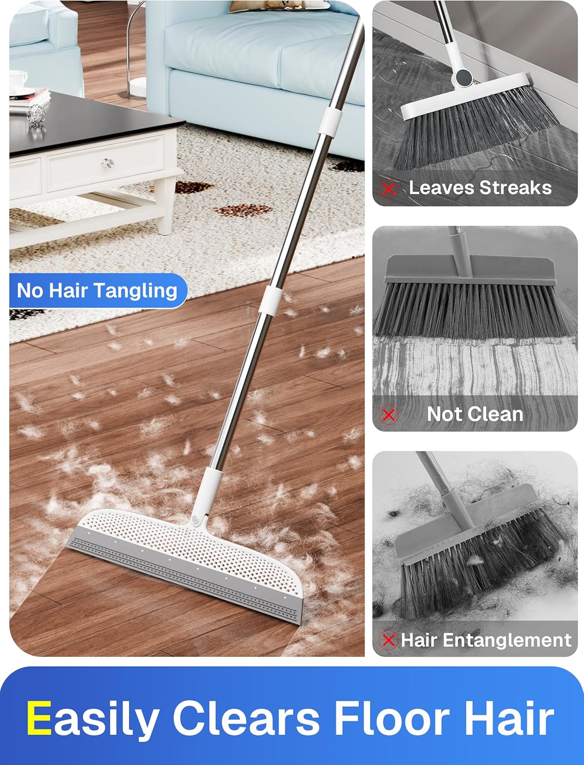 Silicone Floor Squeegee & Broom – Long Handle Hair Remover for Water, Pet Hair – for Bathroom
