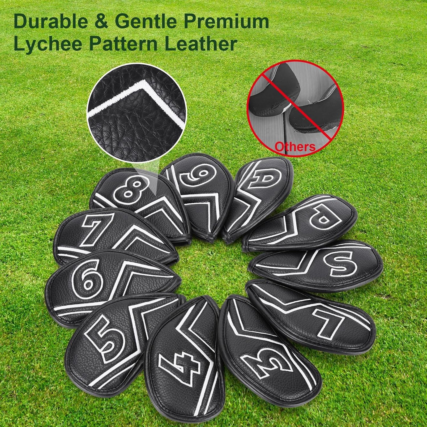 Welspo Magnetic Leather Golf Iron Head Covers 11 Pack Synthetic Leather Club Headcover, Embroidered