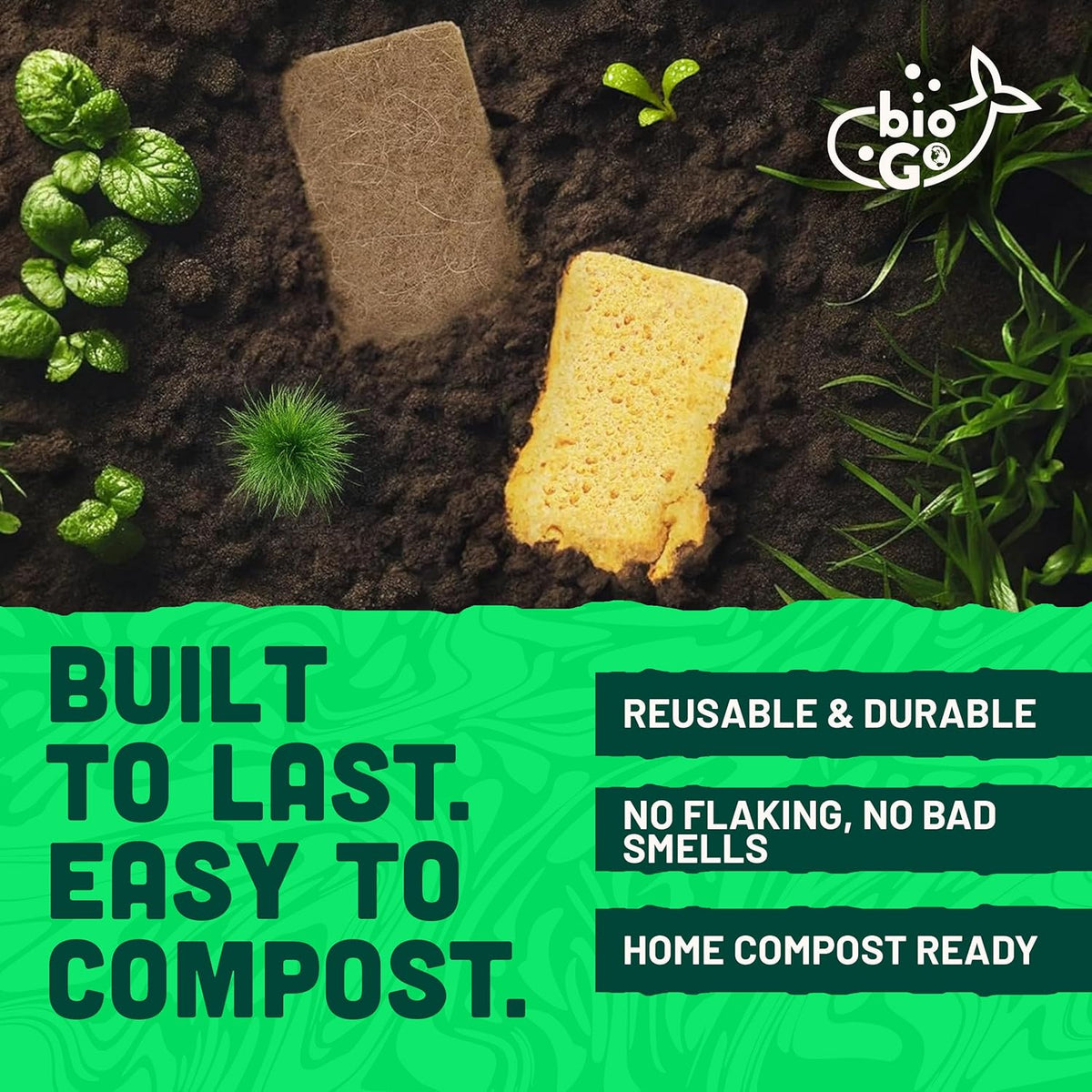 bioGo 12 Pack Biodegradable Kitchen Sponges - Eco-Friendly, Compostable, Natural Cellulose Dish