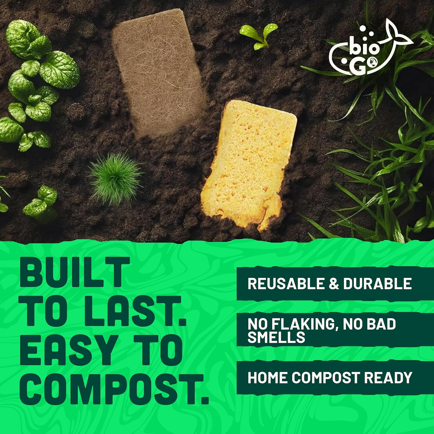 bioGo 12 Pack Biodegradable Kitchen Sponges - Eco-Friendly, Compostable, Natural Cellulose Dish