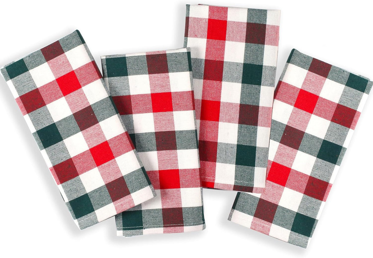 Native Fab Gingham Check Kitchen Towels 4 Pack 16x26 Inches - 100% Cotton, Soft, Absorbent Tea