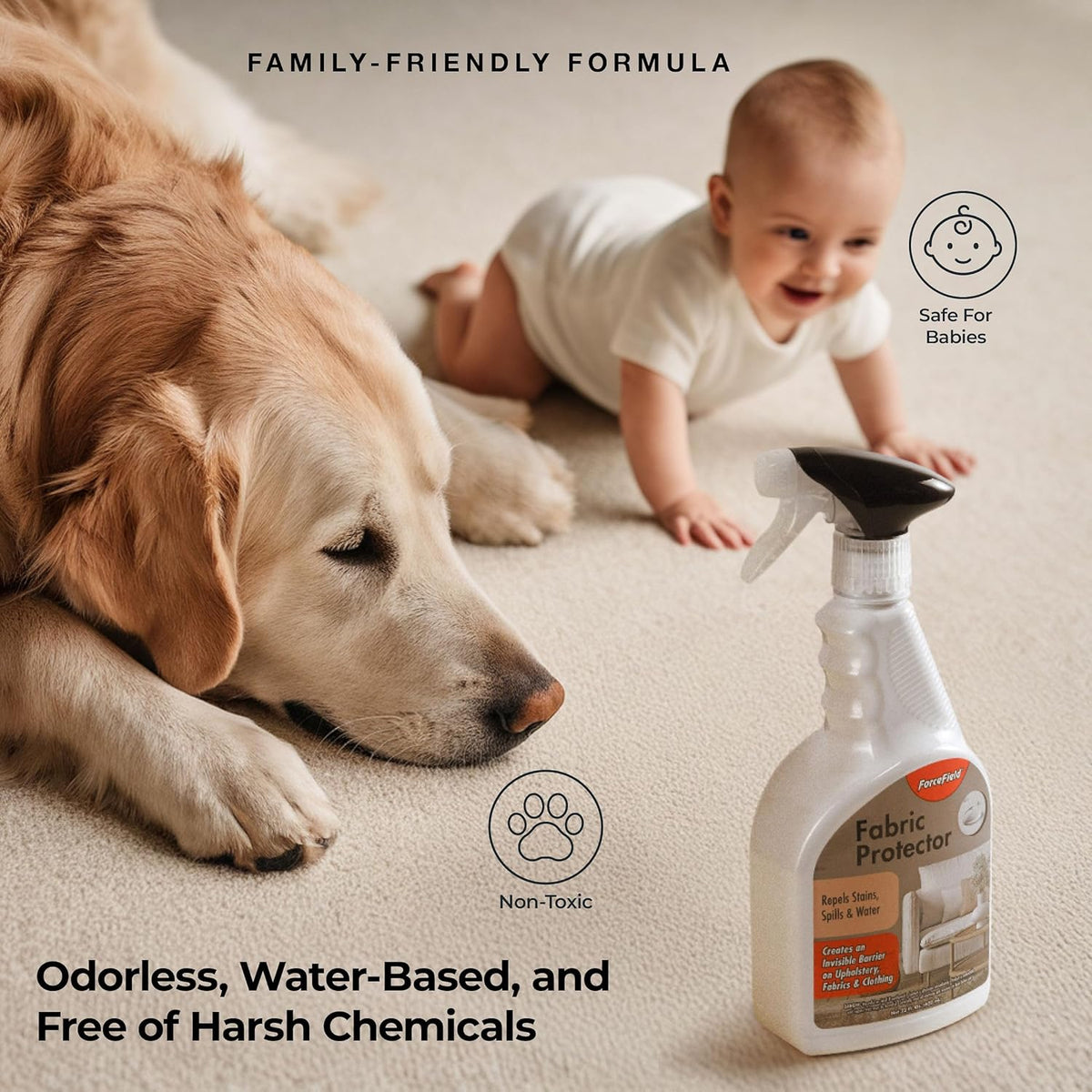 ForceField Fabric Protector Spray – Long-Lasting, Non-Toxic Water & Stain Repellent – Safe for All