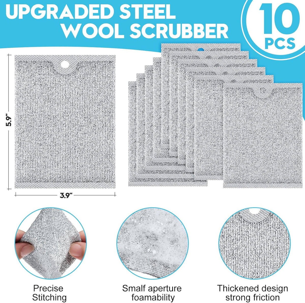 Steel Wool Scrubber, Wire Dishwashing Rags, 10 Pcs Multipurpose Wire Dishcloth, Wet & Dry for