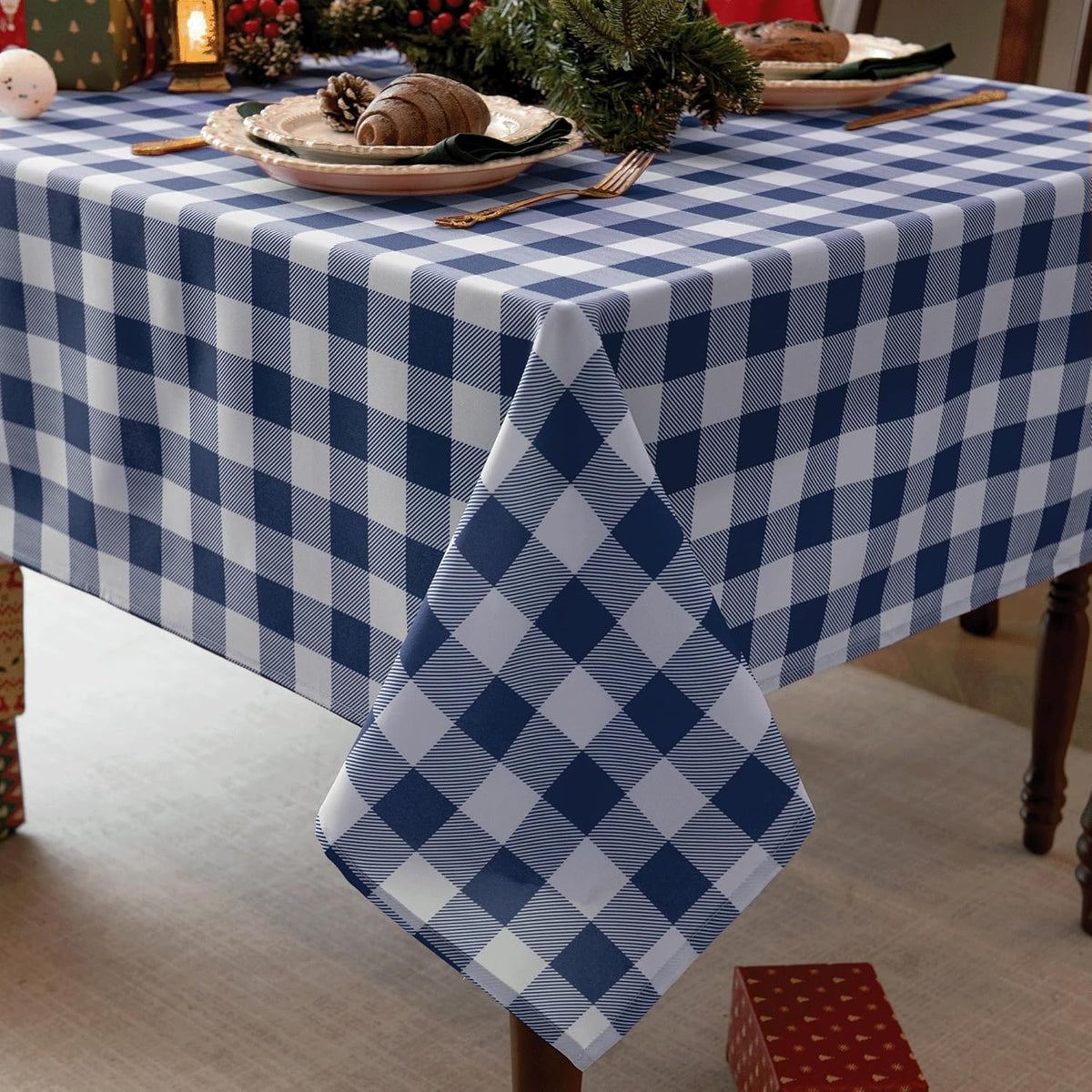 Classic Gingham Tablecloth Fabric - Oblong 58x120 Water Resistant Chequered Pattern Table Cloth for
