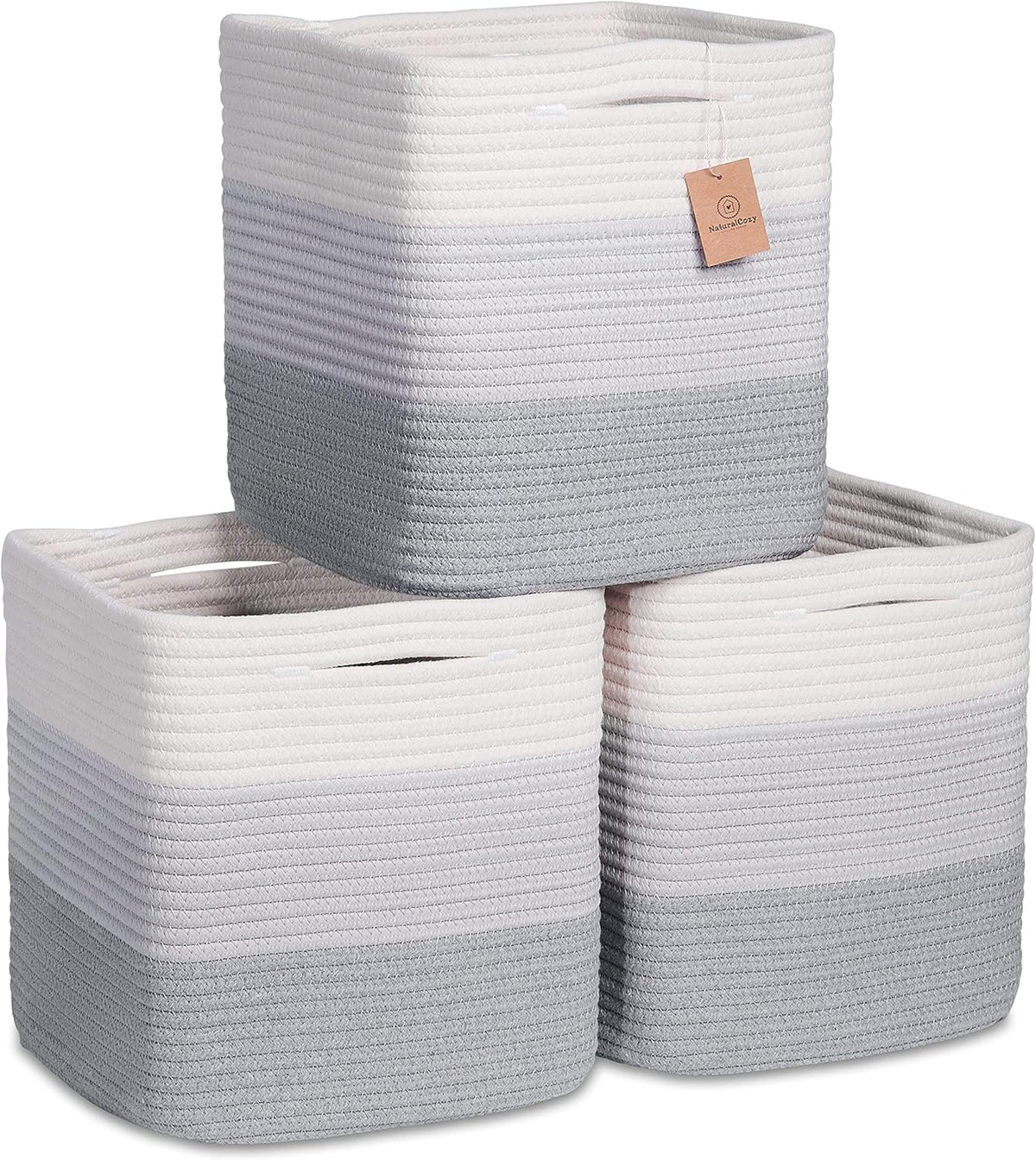 NaturalCozy Storage Cubes 11 Inch Cotton Rope Woven Baskets for Organizing, 3-Pack | Cube Storage