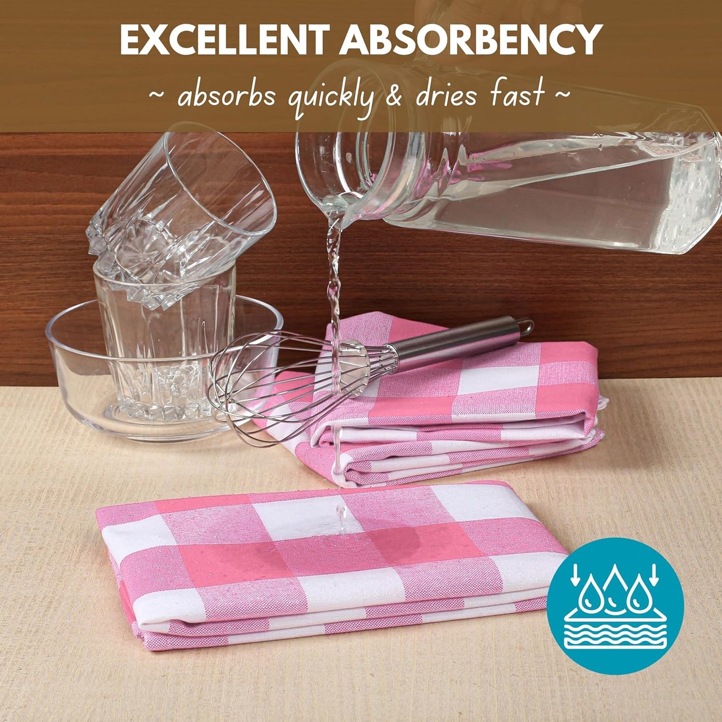 Native Fab Pink Checked Kitchen Towels 16"x26" - 6 Pack Buffalo Plaid Cotton Dish Towels